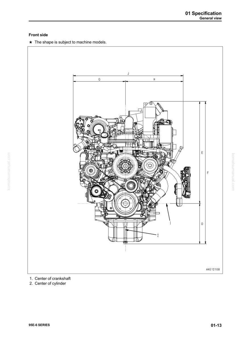 May include: Detailed diagram of an engine, labeled with dimensions and component identifiers. The image includes the text "Front side" and "The shape is subject to machine models."