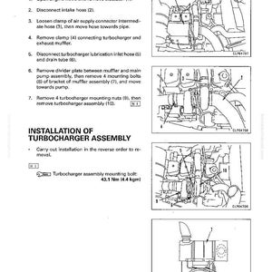 May include: Diagram of turbocharger assembly removal and installation instructions. The image includes detailed illustrations with numbered components and steps. Text includes instructions for disconnecting hoses, removing clamps, and mounting bolts.