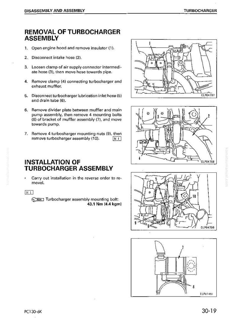 May include: Diagram of turbocharger assembly removal and installation instructions. The image includes detailed illustrations with numbered components and steps. Text includes instructions for disconnecting hoses, removing clamps, and mounting bolts.