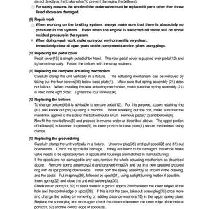 May include: A page from a manual detailing brake valve maintenance and repair procedures. The text includes instructions for replacing parts, such as the pedal cover, bellows, and grooved ring, with diagrams and safety warnings.
