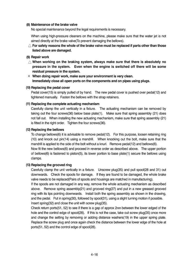 May include: A page from a manual detailing brake valve maintenance and repair procedures. The text includes instructions for replacing parts, such as the pedal cover, bellows, and grooved ring, with diagrams and safety warnings.