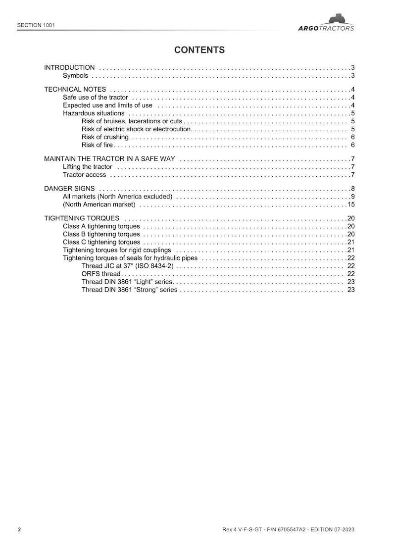 May include: A white document with the title "CONTENTS" lists sections including "INTRODUCTION," "TECHNICAL NOTES," and "TIGHTENING TORQUES." The document includes text and a logo for ARGO TRACTORS. The document is a manual for tractors.