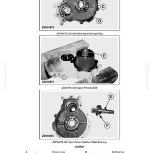 May include: Technical diagrams of mechanical components, including ball bearings, snap rings, and spur pinion shafts. The images are labeled with part numbers and descriptions, such as ZX014973-UN: Ball Bearing and Snap Ring.