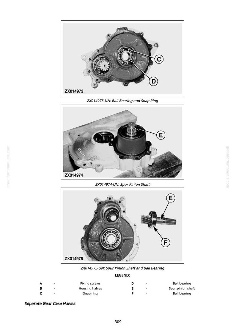 May include: Technical diagrams of mechanical components, including ball bearings, snap rings, and spur pinion shafts. The images are labeled with part numbers and descriptions, such as ZX014973-UN: Ball Bearing and Snap Ring.