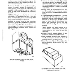 May include: Diagrams illustrating precleaner section cleaning procedures for an air filtration system. Includes instructions for removing dust and washing components. Text includes figures and steps for maintenance.