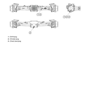 May include: Diagram of axle maintenance points, including oil fill plug, oil drain plug, and check level plug. The image shows detailed views of the axle assembly with numbered labels for each point.