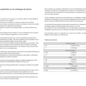 May include: A white document with French text, including a table of conversions for volume, length, and weight. The document provides general information on spare parts catalogs.