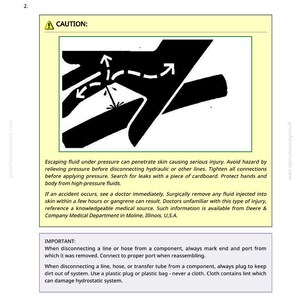 May include: Diagram illustrating safety precautions for working with hydraulic systems. The image includes a warning symbol and instructions to avoid injury from escaping fluids. Text advises on leak detection and medical attention.