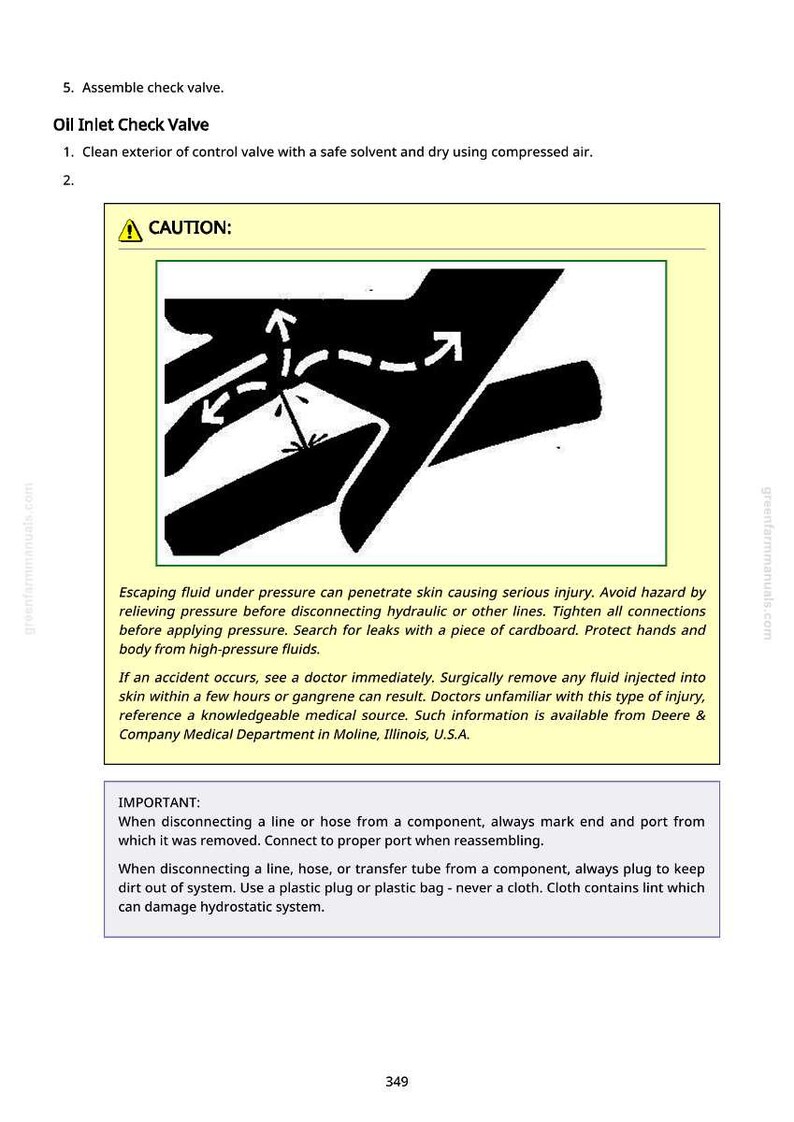 May include: Diagram illustrating safety precautions for working with hydraulic systems. The image includes a warning symbol and instructions to avoid injury from escaping fluids. Text advises on leak detection and medical attention.