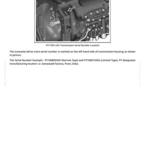 May include: Diagram of a transaxle serial number location for a 12x12 PR transmission. The image shows the location of the serial number on the left side of the transmission housing. Text includes the serial number example and manufacturing location.