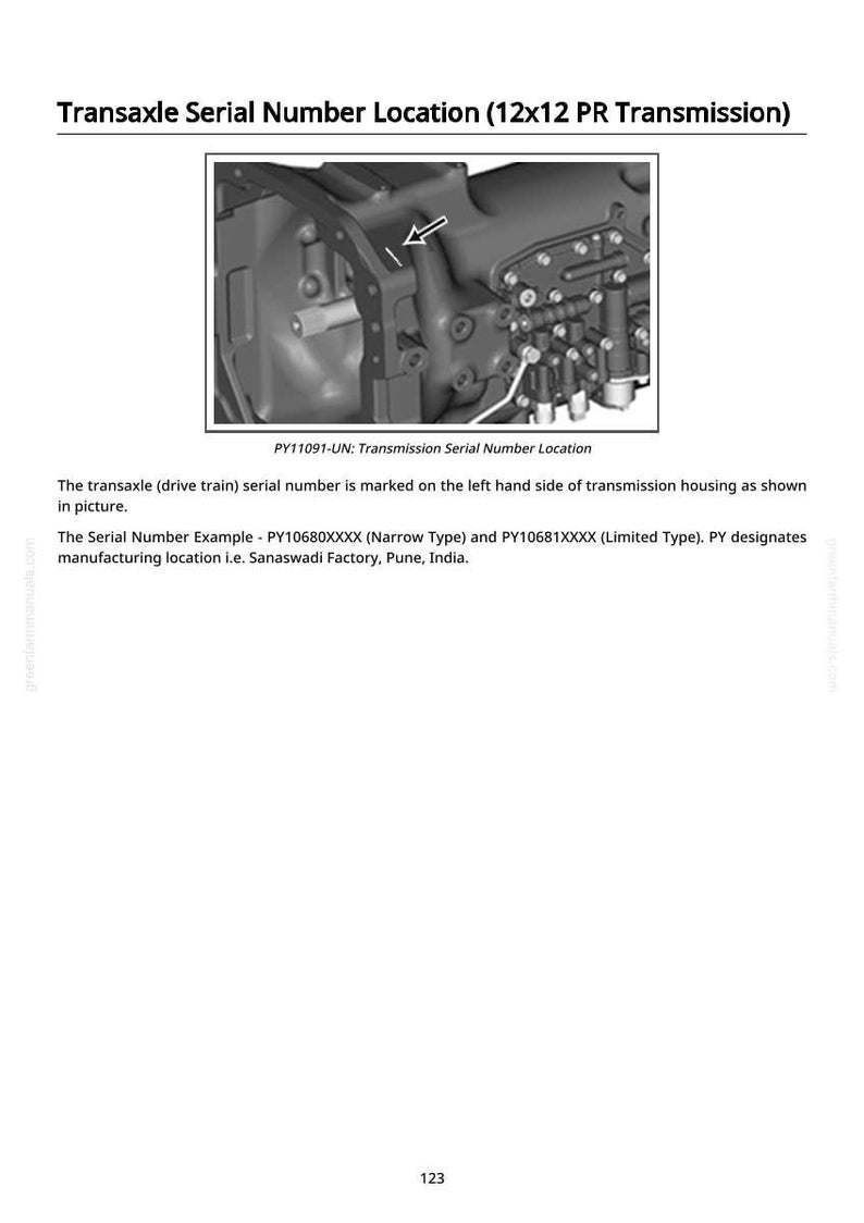 May include: Diagram of a transaxle serial number location for a 12x12 PR transmission. The image shows the location of the serial number on the left side of the transmission housing. Text includes the serial number example and manufacturing location.