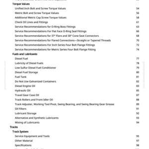 May include: A manual page detailing the contents for a 17ZTS Excavator. Topics include torque values, fuels, lubricants, and track systems. Page numbers are listed alongside each section. The page is white with black text.