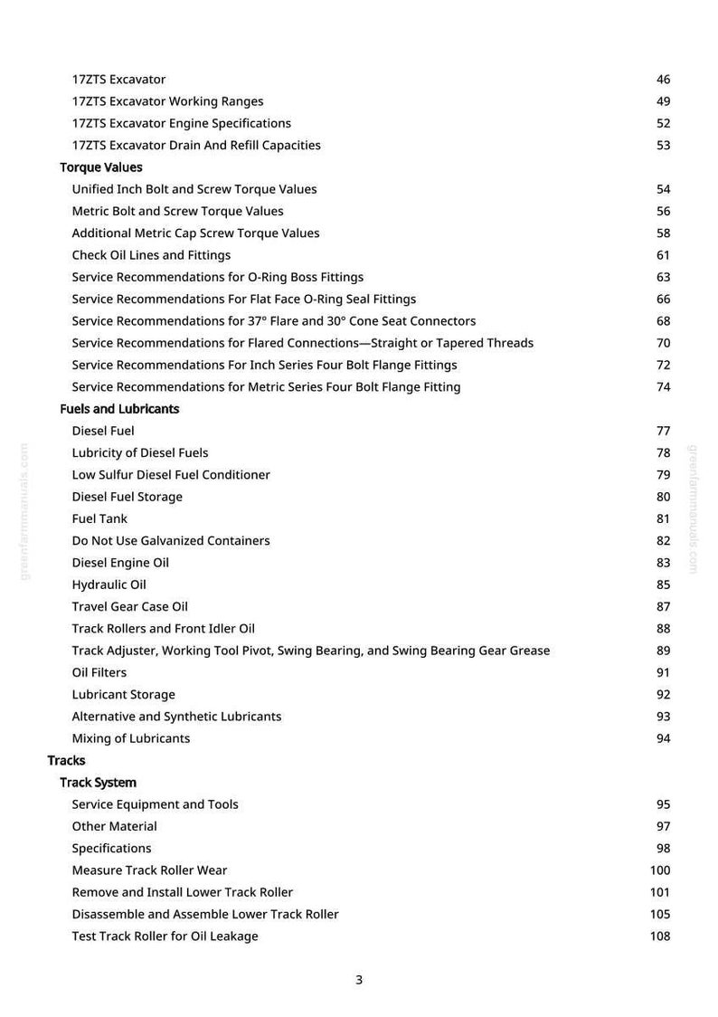 May include: A manual page detailing the contents for a 17ZTS Excavator. Topics include torque values, fuels, lubricants, and track systems. Page numbers are listed alongside each section. The page is white with black text.