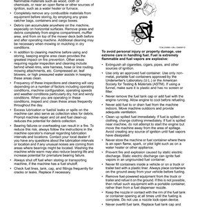 May include: Safety instructions for handling fuel, including warnings about flammability and explosion risks. The text advises on safe practices like extinguishing ignition sources, using approved containers, and avoiding spills.