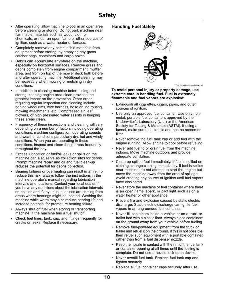 May include: Safety instructions for handling fuel, including warnings about flammability and explosion risks. The text advises on safe practices like extinguishing ignition sources, using approved containers, and avoiding spills.