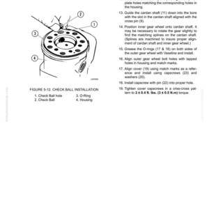 May include: Diagram of a steering control unit installation, with labels for check ball hole, check ball, O-ring, and housing. Instructions detail the assembly process, including greasing and tightening components.
