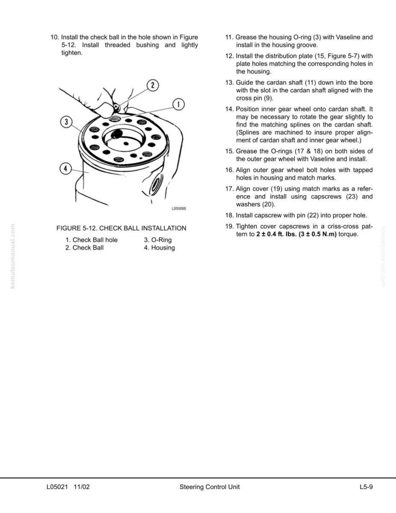 May include: Diagram of a steering control unit installation, with labels for check ball hole, check ball, O-ring, and housing. Instructions detail the assembly process, including greasing and tightening components.