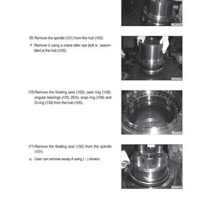 May include: Images from a technical manual showing the disassembly of a mechanical component. The images show various steps, including removing rings, seals, and bearings from a hub and spindle. The text provides instructions.