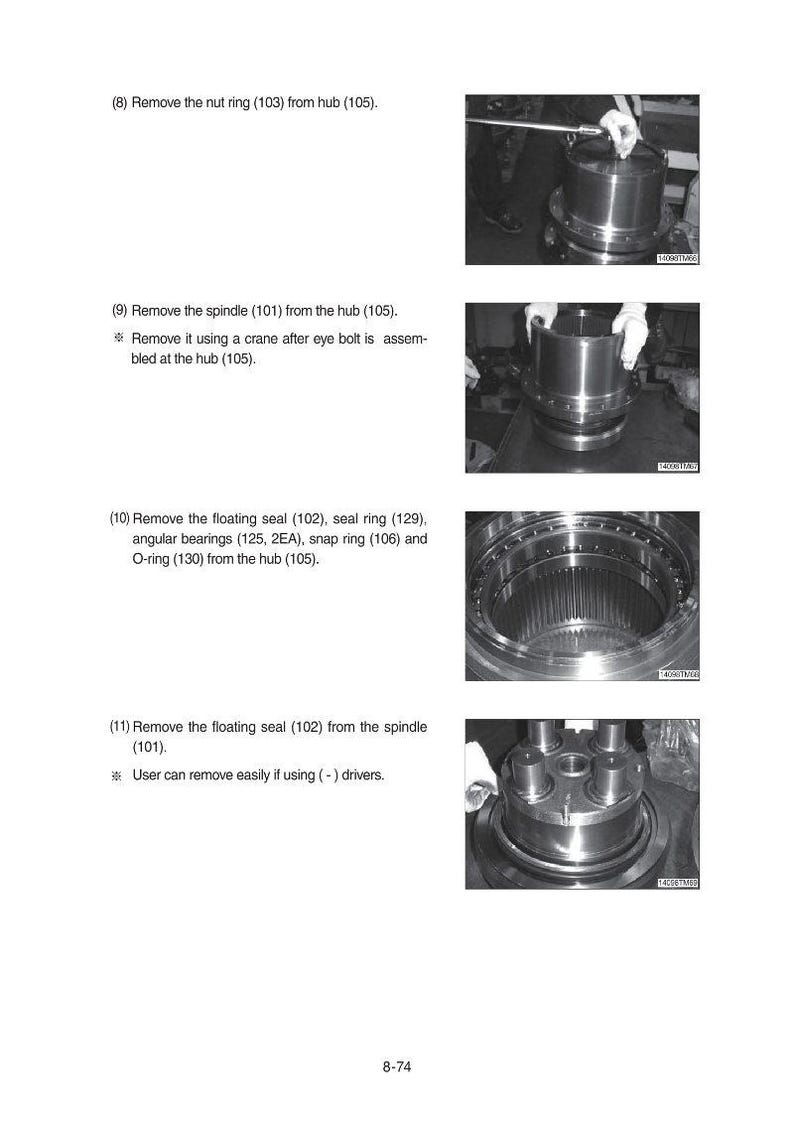 May include: Images from a technical manual showing the disassembly of a mechanical component. The images show various steps, including removing rings, seals, and bearings from a hub and spindle. The text provides instructions.