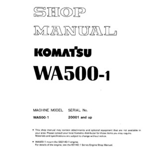 May include: A white shop manual with the title "SHOP MANUAL" in a bold, outlined font. The Komatsu logo and "WA500-1" are prominently displayed. The manual includes machine model and serial number information.