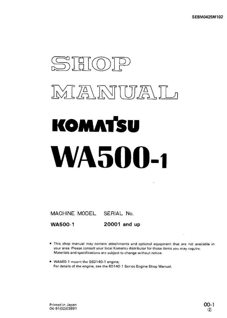 May include: A white shop manual with the title "SHOP MANUAL" in a bold, outlined font. The Komatsu logo and "WA500-1" are prominently displayed. The manual includes machine model and serial number information.