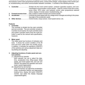 May include: A page from a manual titled "Control Unit" with detailed information on the unit's features, including the controller, meter panel, and adjustment functions. The text describes the unit's components and their functions.
