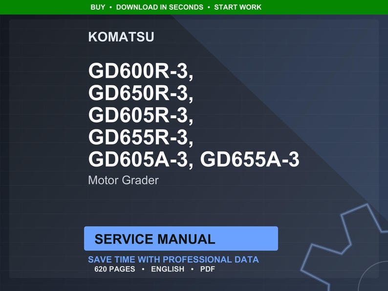 Pu&ograve; includere: Manuale di servizio digitale per motolivellatrici Komatsu, inclusi i modelli GD600R-3, GD650R-3, GD605R-3, GD655R-3, GD605A-3 e GD655A-3. Il manuale &egrave; di 620 pagine ed &egrave; disponibile in formato PDF.