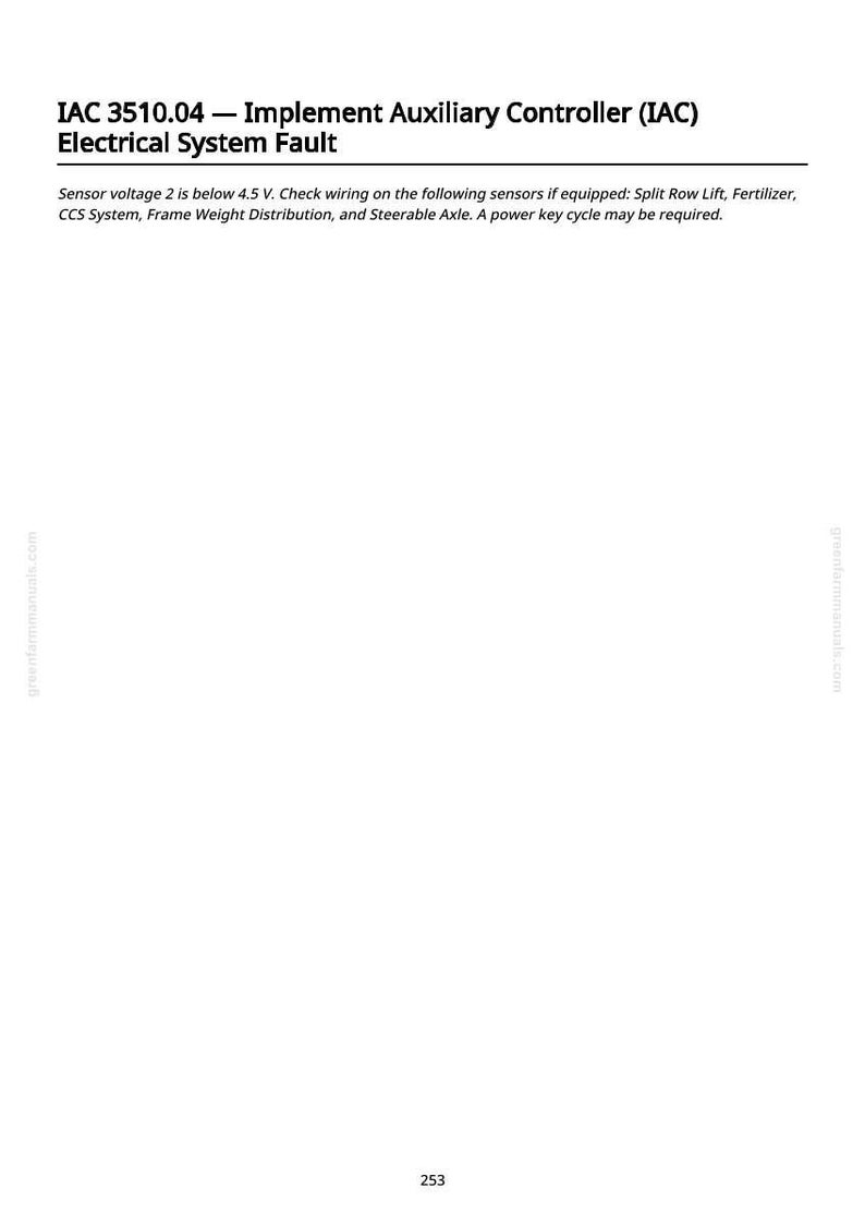 K&ouml;nnte beinhalten: Wei&szlig;es Dokument mit schwarzem Text, der einen elektrischen Systemfehler beschreibt. Der Text enth&auml;lt "IAC 3510.04 - Implement Auxiliary Controller (IAC) Electrical System Fault" und Anweisungen zur Fehlerbehebung.