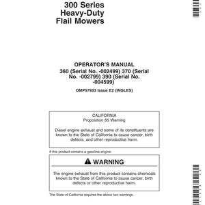 Pode incluir: Um manual branco para as ceifeiras de martelo de servi&ccedil;o pesado da s&eacute;rie 300. A capa exibe o texto "300 Series Heavy-Duty Flail Mowers" e "OPERATOR'S MANUAL". Inclui um aviso da Proposi&ccedil;&atilde;o 65 da Calif&oacute;rnia.