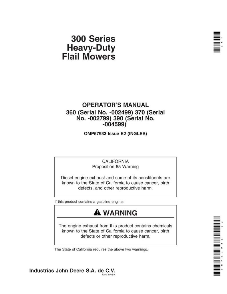 Pode incluir: Um manual branco para as ceifeiras de martelo de servi&ccedil;o pesado da s&eacute;rie 300. A capa exibe o texto "300 Series Heavy-Duty Flail Mowers" e "OPERATOR'S MANUAL". Inclui um aviso da Proposi&ccedil;&atilde;o 65 da Calif&oacute;rnia.