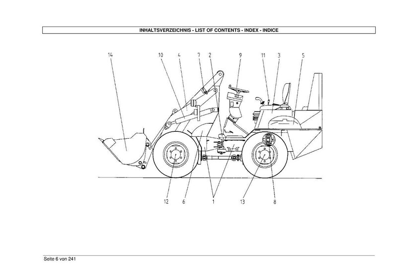 May include: Line drawing of a front-end loader with labeled parts. The image includes the text "INHALTSVERZEICHNIS - LIST OF CONTENTS - INDEX - INDICE" at the top and "Seite 6 von 241" at the bottom. The loader has a bucket, wheels, and a cab.