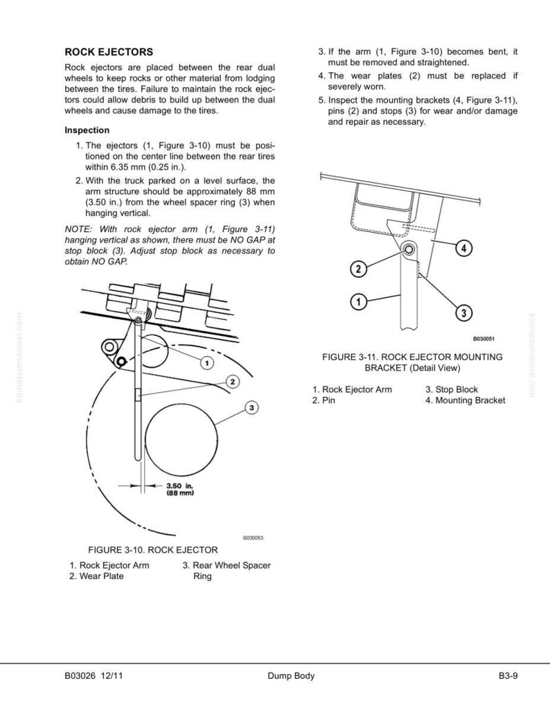 May include: Diagram showing rock ejector components, including the rock ejector arm, wear plate, and rear wheel spacer ring. Measurements are in mm and inches. A detailed view of the mounting bracket is also shown.