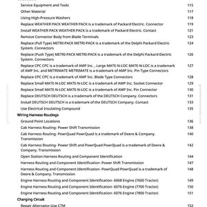 May include: A page from a manual with a table of contents for electrical components and wiring harness routings. The text includes terms like "Connectors", "Transmission", and "Engine Harness Routing".