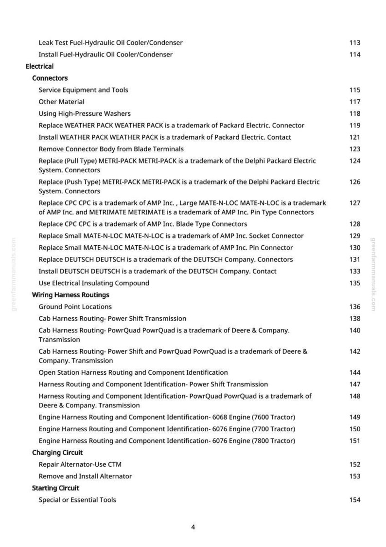 May include: A page from a manual with a table of contents for electrical components and wiring harness routings. The text includes terms like "Connectors", "Transmission", and "Engine Harness Routing".