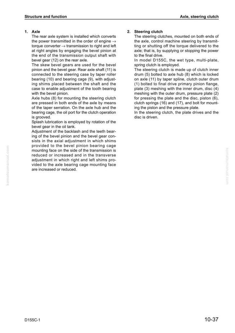 May include: A technical diagram from a manual, detailing the structure and function of an axle and steering clutch. The text includes descriptions of components like bevel gears, axle shafts, and clutch mechanisms, with a page number.