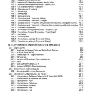 K&ouml;nnte beinhalten: Ein detailliertes Inhaltsverzeichnis eines technischen Handbuchs, das eine Liste von Komponenten und Verfahren enth&auml;lt. Der Text ist in schwarzer Schrift auf wei&szlig;em Hintergrund, mit Abschnittsnummern und Seitenverweisen. Das Dokument behandelt Themen wie Bremsen, Hydraulik und elektronische Kalibrierung.