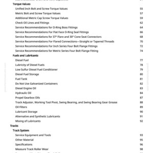 May include: A page from a manual with a table of contents for a 50ZTS Excavator. The topics include torque values, fuels, lubricants, and track systems. The page number is 3.