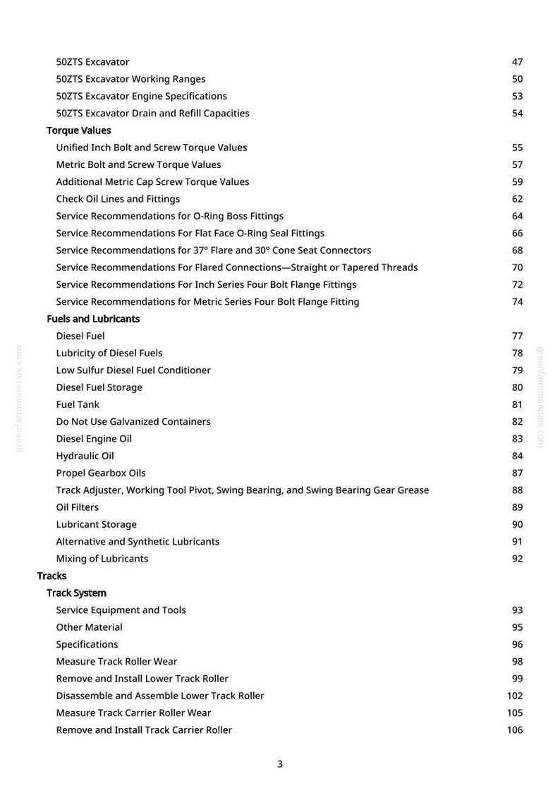 May include: A page from a manual with a table of contents for a 50ZTS Excavator. The topics include torque values, fuels, lubricants, and track systems. The page number is 3.