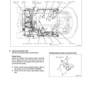 May include: Diagram of a vehicle's engine and transmission system, with labels for various components like the starter motor, battery, and alternator. Includes text detailing clutch truck procedures and a diagram of a flexible plate.