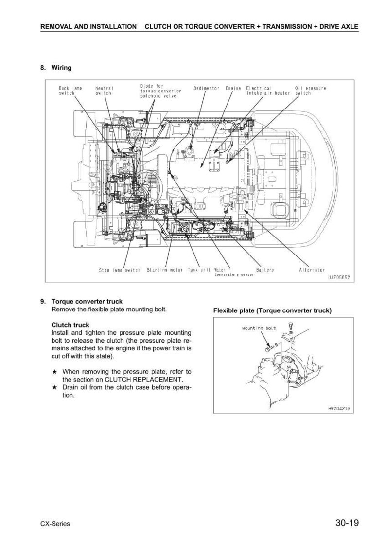 May include: Diagram of a vehicle's engine and transmission system, with labels for various components like the starter motor, battery, and alternator. Includes text detailing clutch truck procedures and a diagram of a flexible plate.