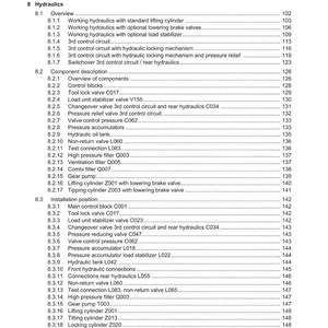 May include: A detailed table of contents from a WEIDEMANN manual, listing sections on hydraulics, electrics, and installation positions. The document includes various valve and cylinder specifications, with page numbers for each section.