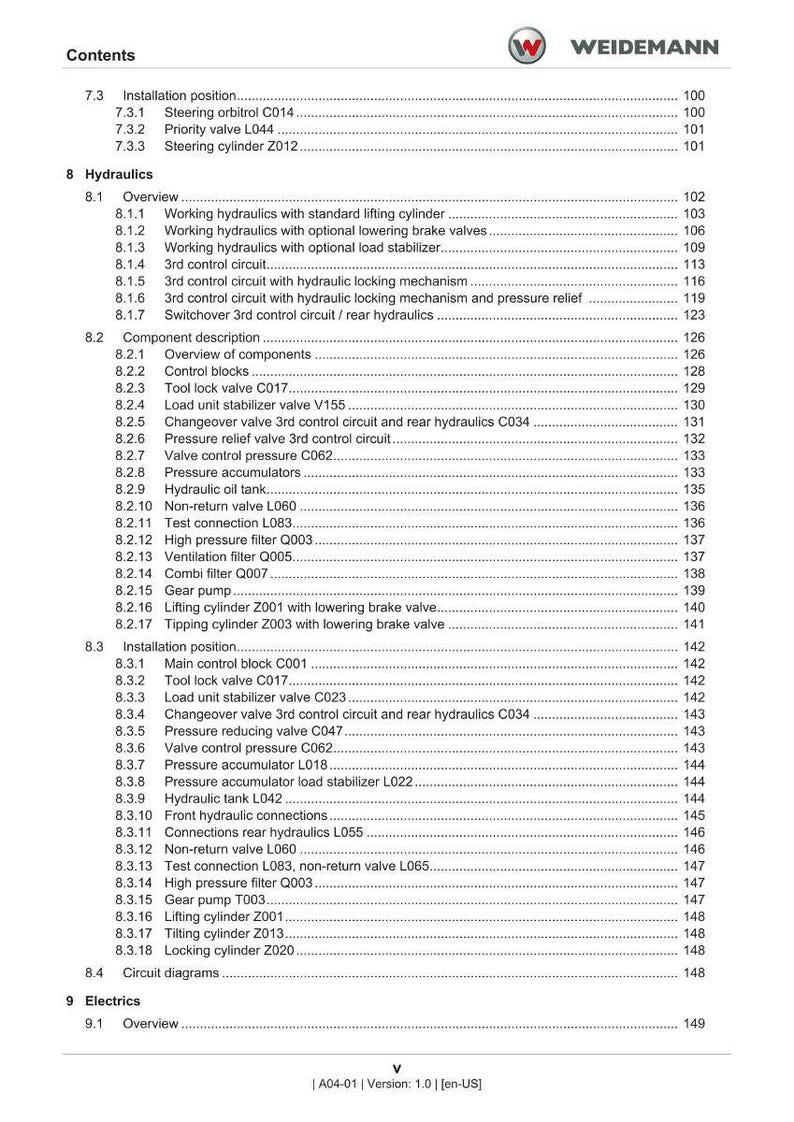 May include: A detailed table of contents from a WEIDEMANN manual, listing sections on hydraulics, electrics, and installation positions. The document includes various valve and cylinder specifications, with page numbers for each section.