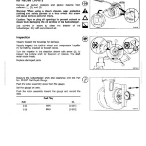 May include: A technical diagram from a shop manual detailing turbocharger cleaning and inspection procedures. The image includes illustrations of the turbocharger components, along with text instructions and safety warnings. Measurements are provided in inches and millimeters.