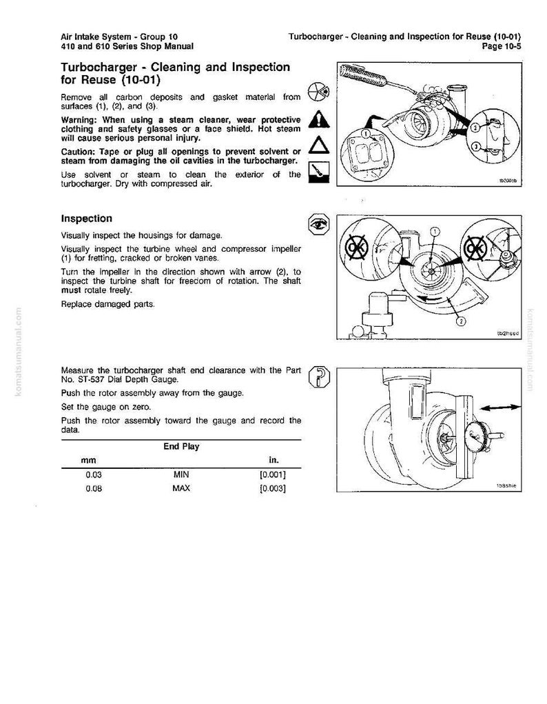 May include: A technical diagram from a shop manual detailing turbocharger cleaning and inspection procedures. The image includes illustrations of the turbocharger components, along with text instructions and safety warnings. Measurements are provided in inches and millimeters.