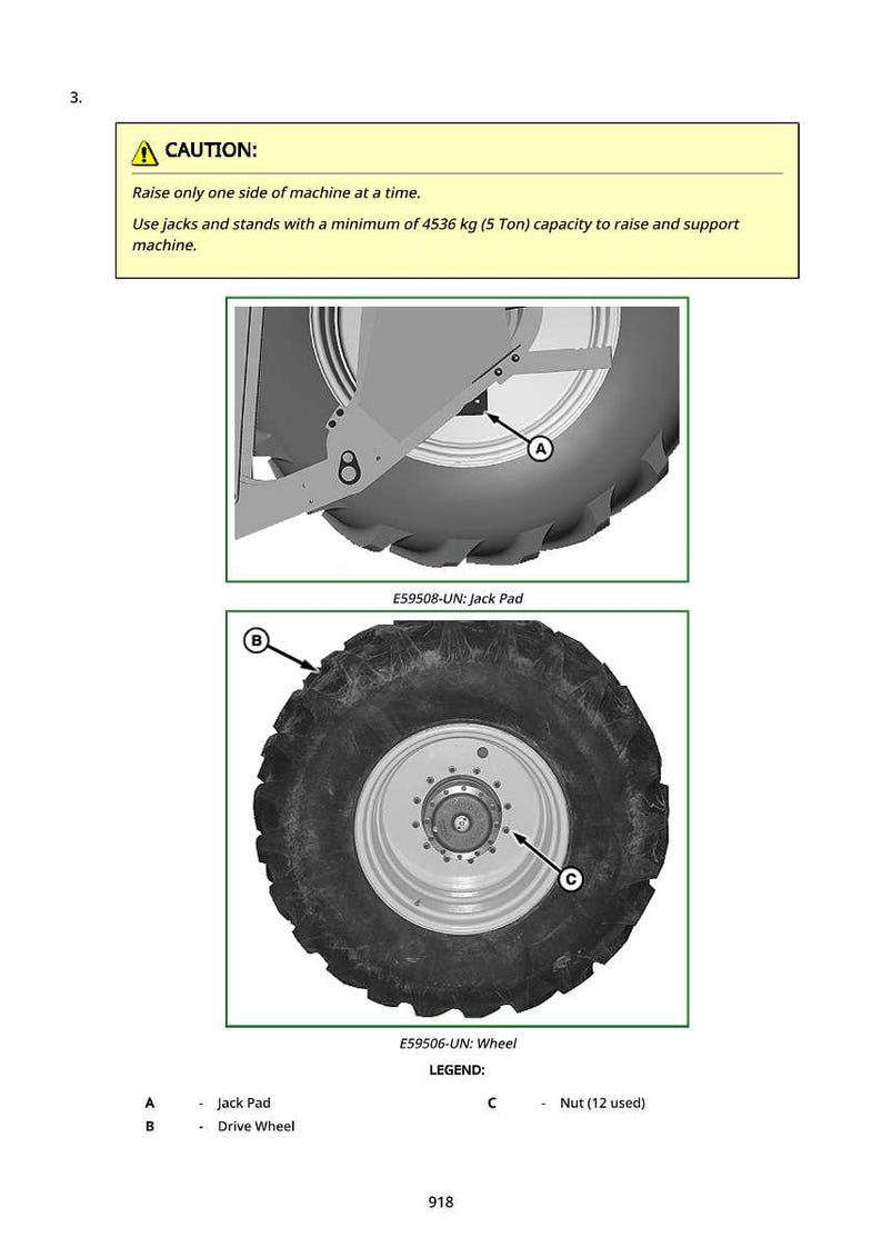 May include: Diagram of a machine wheel and jack pad. The image includes a caution notice: "Raise only one side of machine at a time. Use jacks and stands with a minimum of 4536 kg (5 Ton) capacity to raise and support machine."