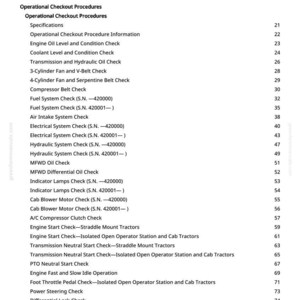 May include: A detailed table of contents from a manual, listing operational checkout procedures, engine checks, and system checks. The text is in black font on a white background.