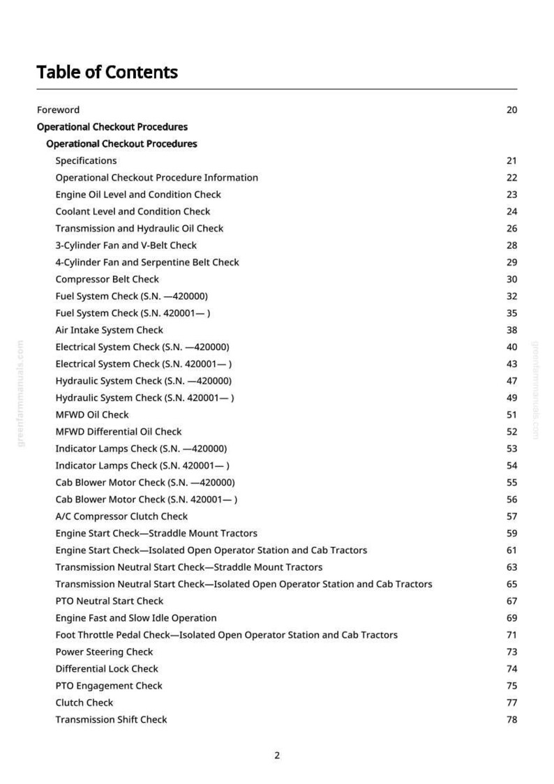 May include: A detailed table of contents from a manual, listing operational checkout procedures, engine checks, and system checks. The text is in black font on a white background.