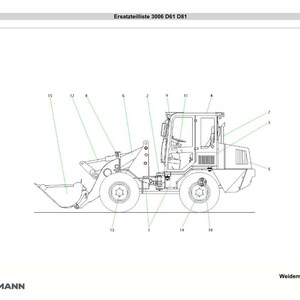 K&ouml;nnte beinhalten: Technische Zeichnung eines Weidemann 3006 D61 D81 Radladers, mit nummerierten Teilen und Beschriftungen. Der Lader hat eine Schaufel, R&auml;der und eine Kabine. Das Weidemann-Logo befindet sich unten links.
