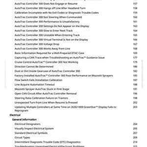 May include: A detailed table of contents from a manual, listing various AutoTrac controller issues and diagnostic topics. The text is in black font on a white background, with page numbers on the right.