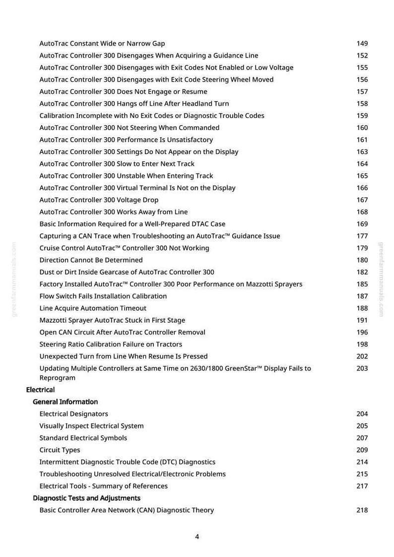 May include: A detailed table of contents from a manual, listing various AutoTrac controller issues and diagnostic topics. The text is in black font on a white background, with page numbers on the right.